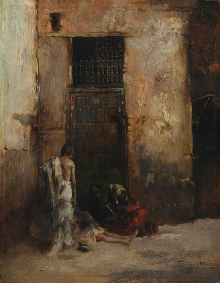 Beggars by a Door,Mariano Fortuny Marsal,Oil Painting,Oil Painting, barefoot, book, sitting, black hair