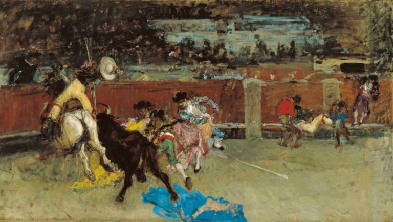 Bullfight. Wounded Picador,Mariano Fortuny Marsal,Oil Painting,Oil Painting, horse, multiple boys