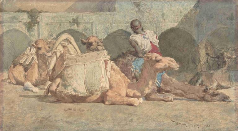 Camels Reposing, Tangiers,Mariano Fortuny Marsal,Oil Painting,Oil Painting, 1boy, male focus