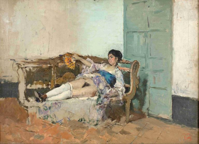 Carmen Bastián,Mariano Fortuny Marsal,Oil Painting,Oil Painting, 1girl, solo, black hair, socks, shoes