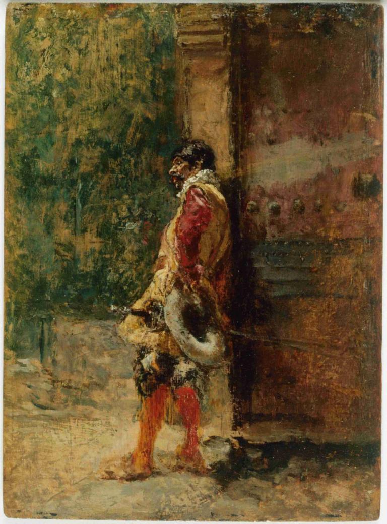 Cavalier,Mariano Fortuny Marsal,Oil Painting,Oil Painting, solo, male focus, 1boy, black hair, boots, standing