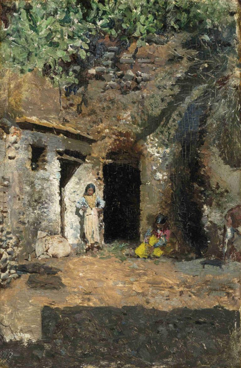 Gypsy Caves,Granada,Zigeunergrotten,Granada,Mariano Fortuny Marsal,Olieverf,Olieverf, zwart haar, buitenshuis