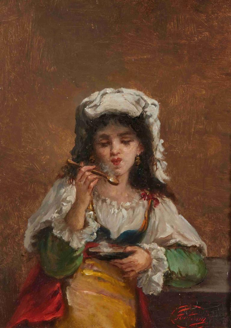 Hot Soup,Mariano Fortuny Marsal,Oil Painting,Oil Painting, 1girl, solo, fine art parody, holding, black hair