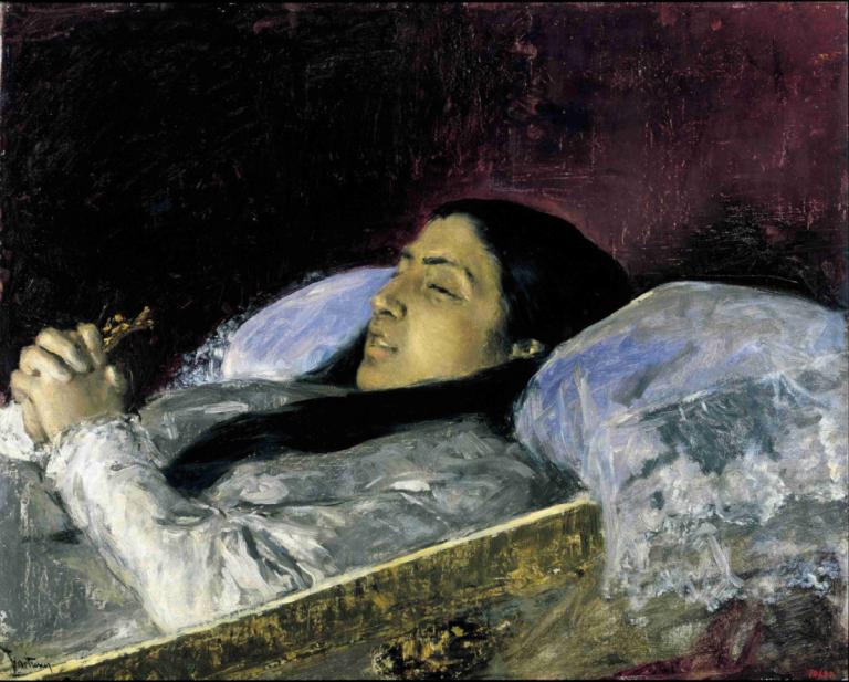 Miss Del Castillo on her Deathbed,Mariano Fortuny Marsal,Oil Painting,Oil Painting, solo, black hair