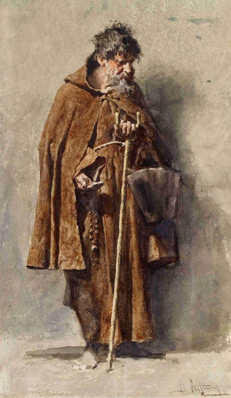 The Mendicant,Mariano Fortuny Marsal,Oil Painting,Oil Painting, solo, 1boy, male focus, black hair, holding