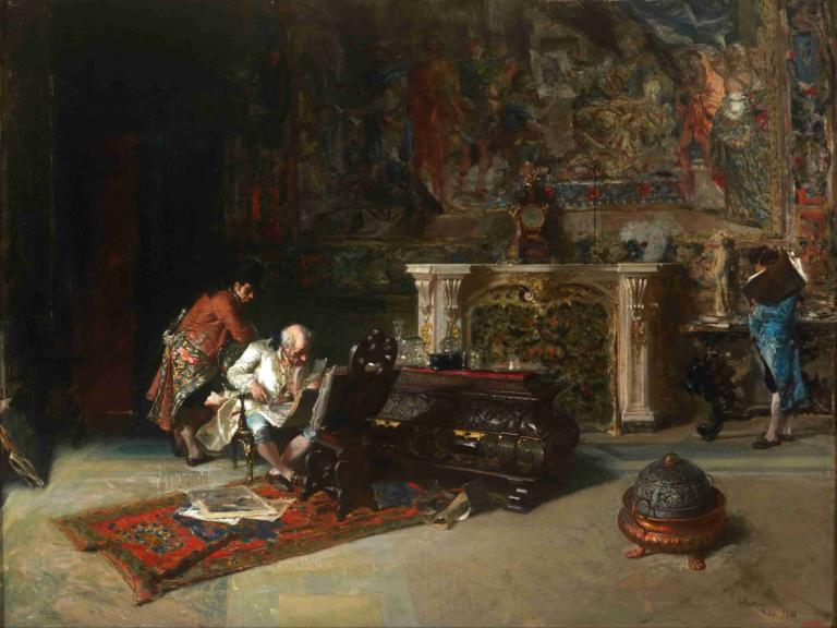 The Print Collector,Mariano Fortuny Marsal,Oil Painting,Oil Painting, sitting, multiple boys, fine art parody