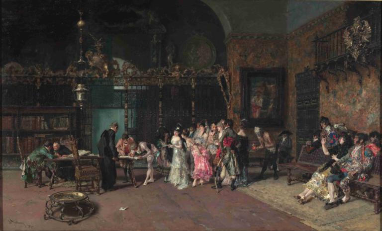 The Spanish Wedding,Mariano Fortuny Marsal,Oil Painting,Oil Painting, multiple girls, multiple boys, 6+girls