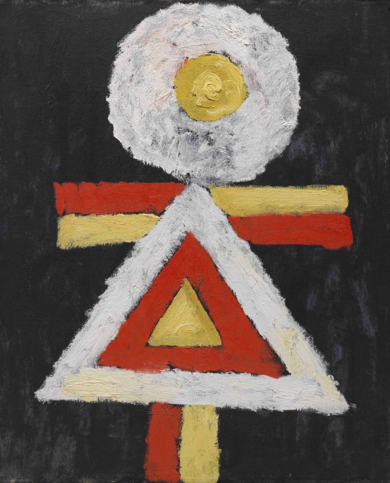 Geometric Figure,Marsden Hartley,Oil Painting,Oil Painting, solo, black background, no humans, abstract