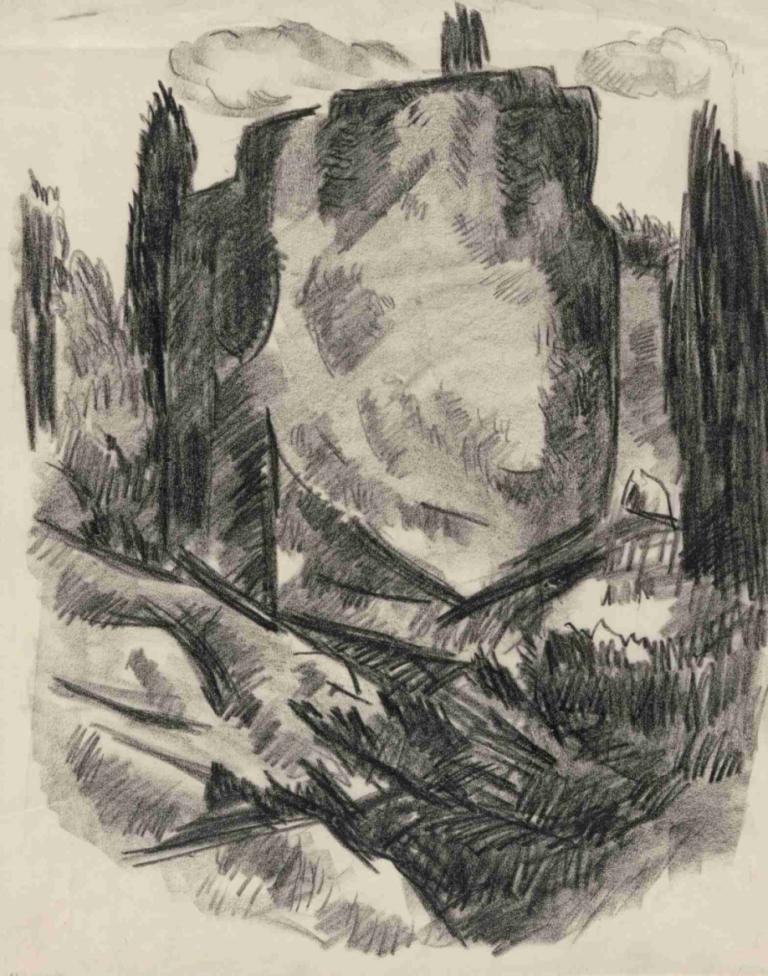 Landscape,Marsden Hartley,Illustration,Illustration, monochrome, greyscale, no humans, traditional media