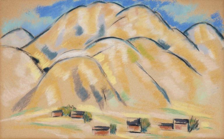 New Mexico Hills,新墨西哥山,Marsden Hartley,马斯登-哈特利,油画,油画, 没有人类, 户外, 天空, 天, 蓝天, 树, 神奇宝贝（生物）, 传统媒体, 沙漠, 房子, 云, 沙, 建筑