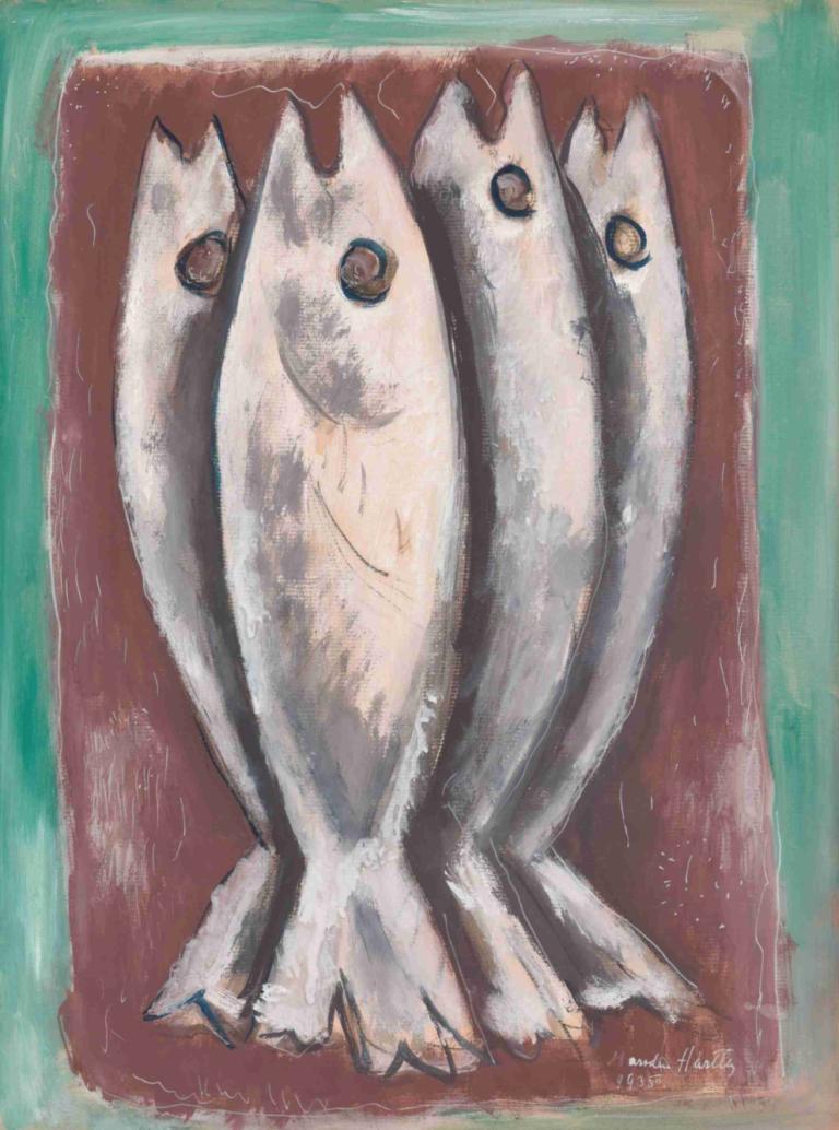 Sea Ghosts,海鬼,Marsden Hartley,马斯登-哈特利,油画,油画, 没有人类, 动物焦点, 签名, 传统媒体, 看着观众, 独奏, 全身, 恐怖（主题）, 绿色背景