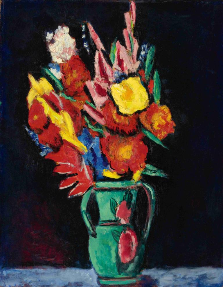 Still Life With Flowers,有花的静物,Marsden Hartley,马斯登-哈特利,油画,油画, 花, 没有人类, 红花, 绘画（中）, 独奏, 橙花, 传统媒体, 黄花, 黑色背景, 静物