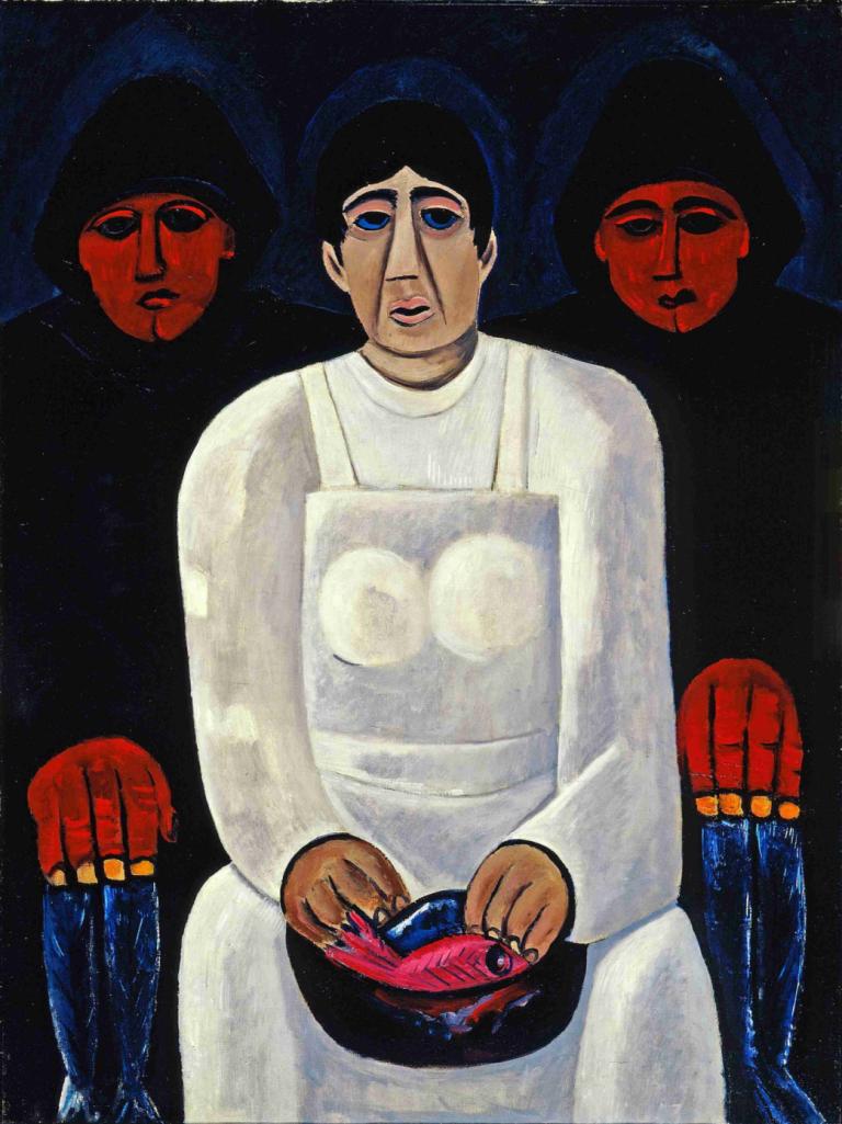 The Lost Felice,失落的菲利斯,Marsden Hartley,马斯登-哈特利,油画,油画, 黑发, 围裙, 多个男孩, 血, 1个女孩, 实际的, 恐怖（主题）, 空洞的眼睛, 坐着, 蓝眼睛, 兜帽