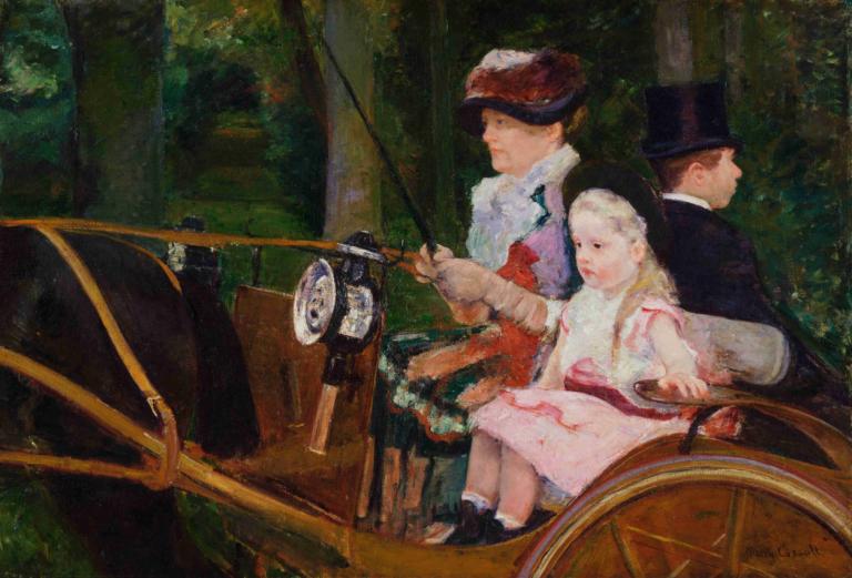 A Woman and a Girl Driving,Mary Cassatt,Oil Painting,Oil Painting, 1girl, multiple boys, hat, ground vehicle