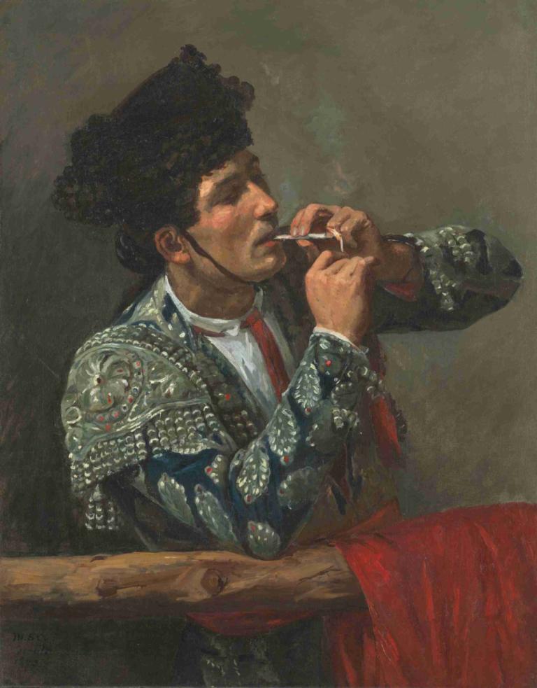 After the Bullfight,Mary Cassatt,Oil Painting,Oil Painting, solo, cigarette, smoking, armor, black hair, 1boy