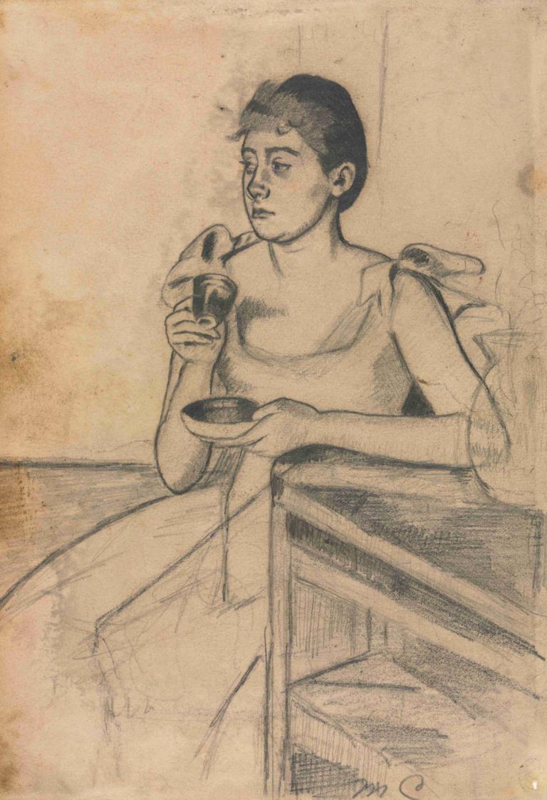 After-Dinner Coffee (recto),Mary Cassatt,Sketch,Sketch, solo, cup, traditional media, monochrome, 1boy