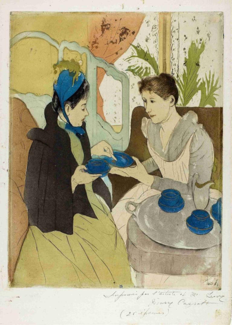 Afternoon Tea Party,Mary Cassatt,Illustration,Illustration, black hair, plant, long sleeves, dress, sitting