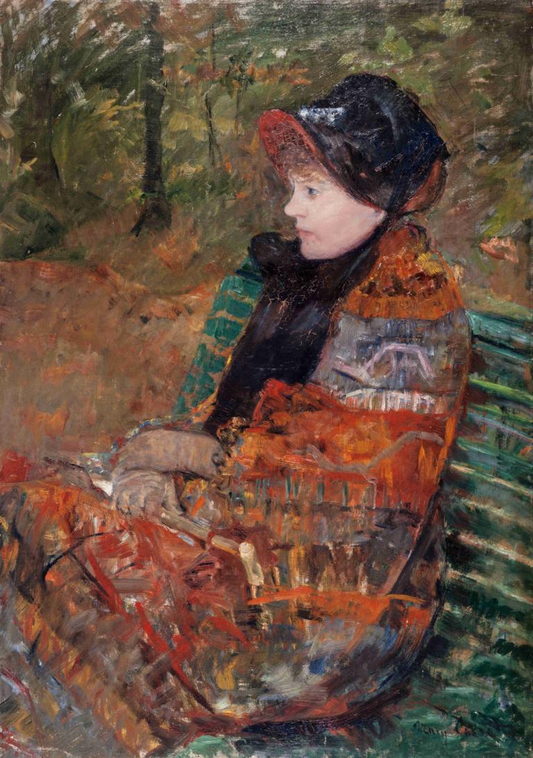 Automne, portrait de Lydia Cassatt,Mary Cassatt,Oil Painting,Oil Painting, 1girl, solo, sitting, bench