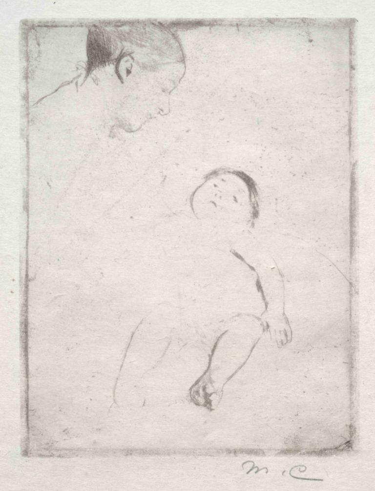 Bill Lying on his Mother's Lap,Mary Cassatt,Sketch,Sketch, monochrome, 1boy, traditional media, border, 1girl