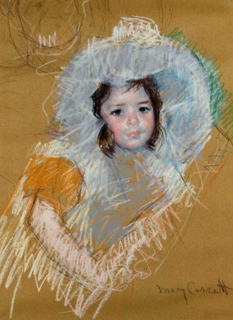 Buste de fillette,Mary Cassatt,Oil Painting,Oil Painting, 1girl, solo, brown hair, signature, upper body