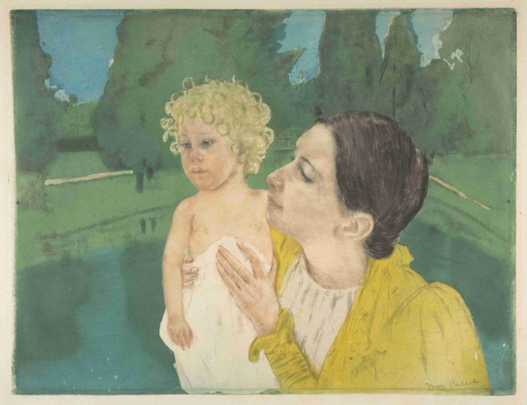 By the Pond,Mary Cassatt,Oil Painting,Oil Painting, fine art parody, blonde hair, black hair, 1boy, 1girl