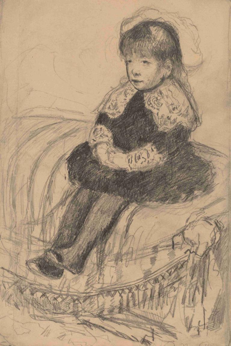 Child Seated on a Sofa,Mary Cassatt,Sketch,Sketch, 1girl, solo, sitting, monochrome, sketch, dress