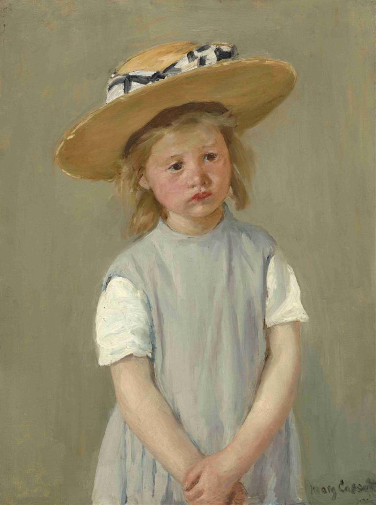 Child in a Straw Hat,Mary Cassatt,Oil Painting,Oil Painting, 1girl, solo, hat, dress, realistic