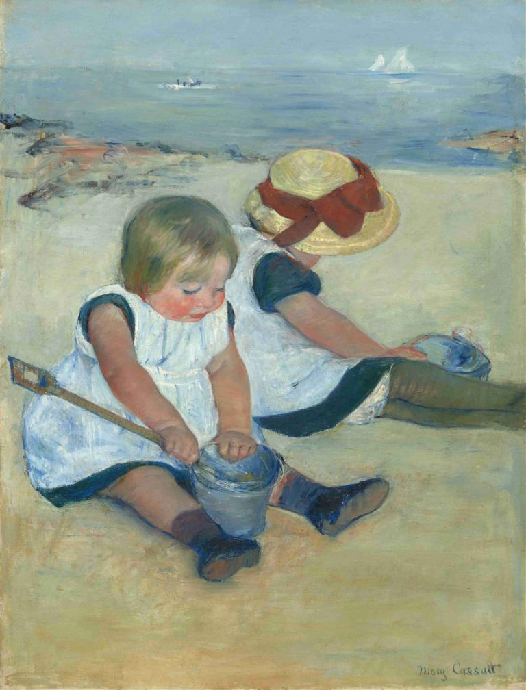 Children Playing on the Beach,Mary Cassatt,Oil Painting,Oil Painting, hat, sitting, bucket, dress, outdoors