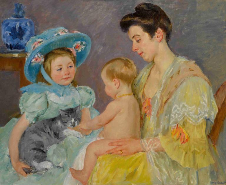 Children Playing with a Cat,고양이와 노는 아이들,Mary Cassatt,메리 카사트,오일 페인팅,오일 페인팅, 미술 패러디, 모자, 드레스, 여러 여자, 여자 2명, 좌석