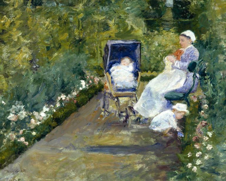 Children in a Garden,Otroci na vrtu,Mary Cassatt,Oljna slika,Oljna slika, stol, predpasnik, obleka