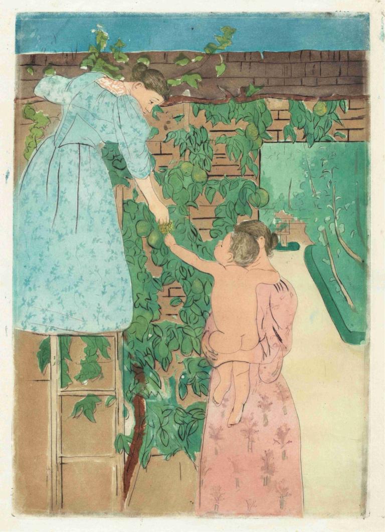 Gathering Fruit,Att samla frukt,Mary Cassatt,Oljemålning,Oljemålning, växt, klänning, blad, flera tjejer