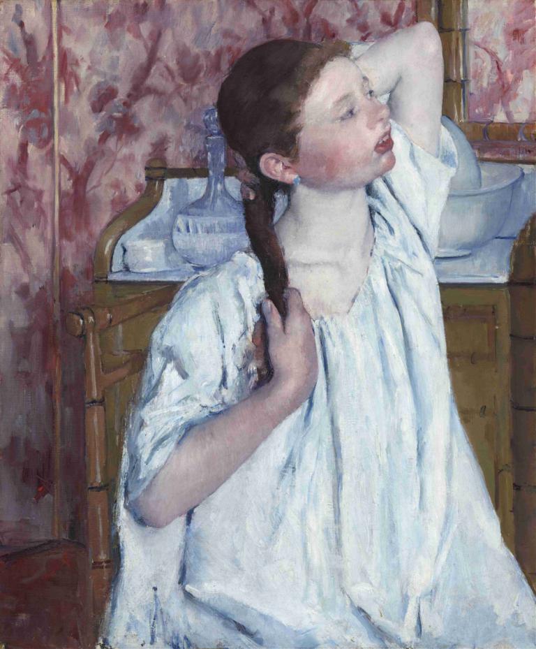 Girl Arranging Her Hair,Dekle, ki ureja svoje lase,Mary Cassatt,Oljna slika,Oljna slika, 1 dekle, solo