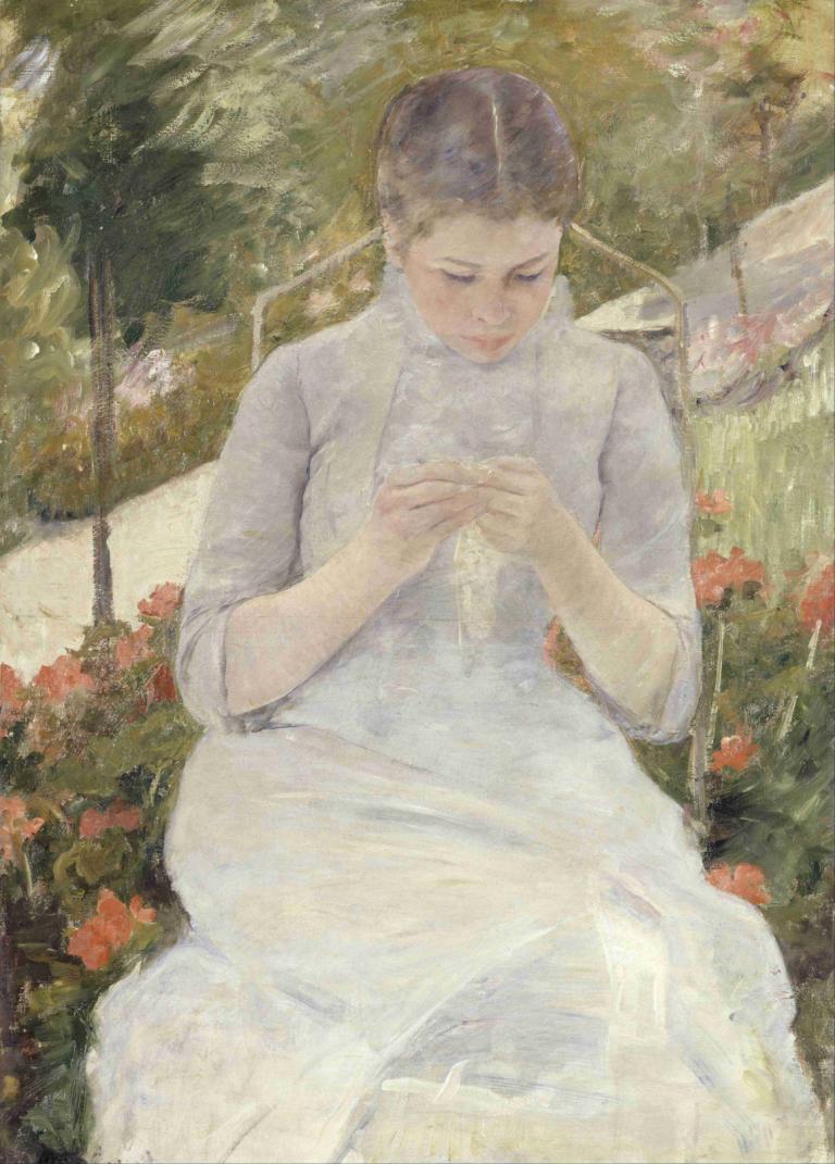 Girl in the Garden,Flickan i trädgården,Mary Cassatt,Oljemålning,Oljemålning, 1 tjej, klänning, solo, blomma