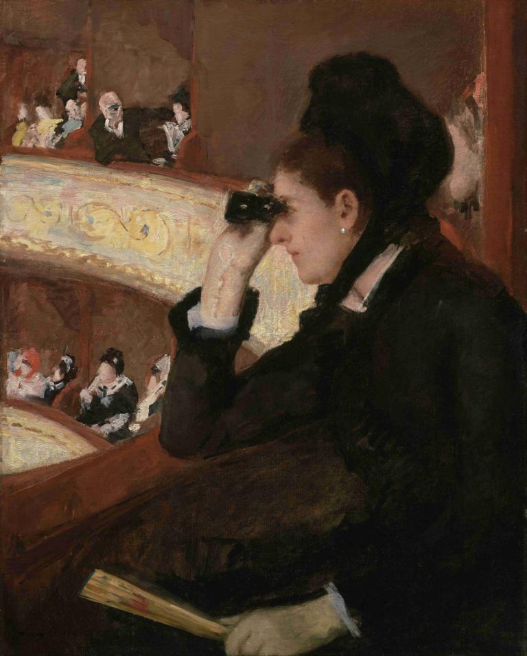 In The Loge,I Logen,Mary Cassatt,Oljemaleri,Oljemaleri, smykker, øredobber, hansker, kunstparodi, svart hår