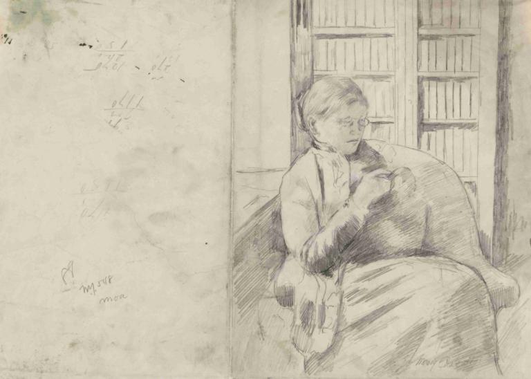 Knitting in the Library (recto),Strikking i biblioteket (recto),Mary Cassatt,Skisse,Skisse, monokrom, gammel