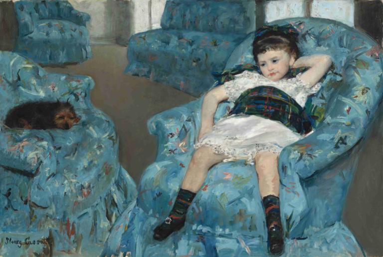 Little Girl in a Blue Armchair,Liten jente i en blå lenestol,Mary Cassatt,Oljemaleri,Oljemaleri, 1 jente