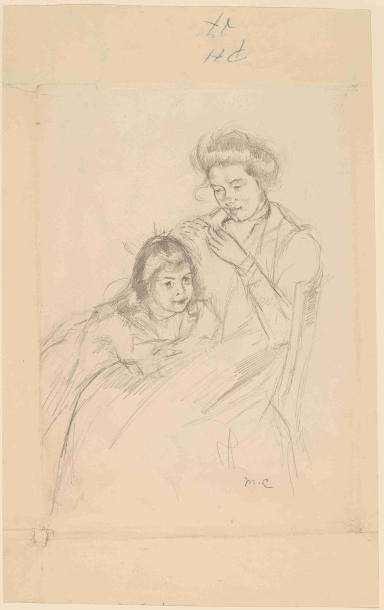 Margot Leaning against Reine's Knee,Margot lent mot Reines kne,Mary Cassatt,Skisse,Skisse, 1 jente, skisse