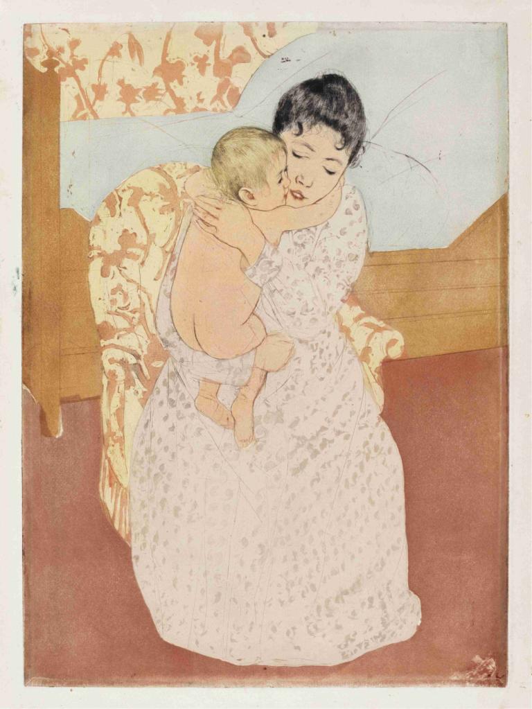 Maternal Caress,母性愛,Mary Cassatt,メアリー・カサット,イラスト,イラスト, 1女の子, 黒髪, 男の子1名, ドレス, 目を閉じた, ブロンドの髪, ベッド, 白いドレス, ショートヘア