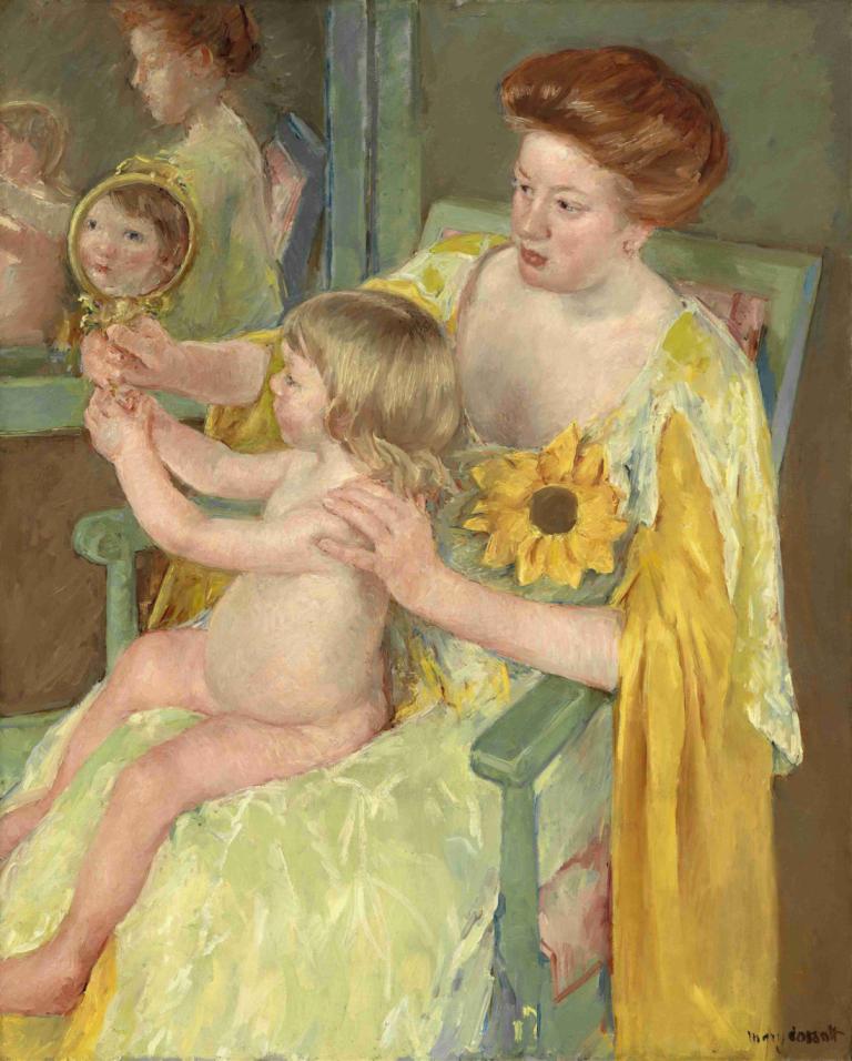 Mother and Child,Mary Cassatt,Oil Painting,Oil Painting, fine art parody, mirror, flower, baby, 1girl