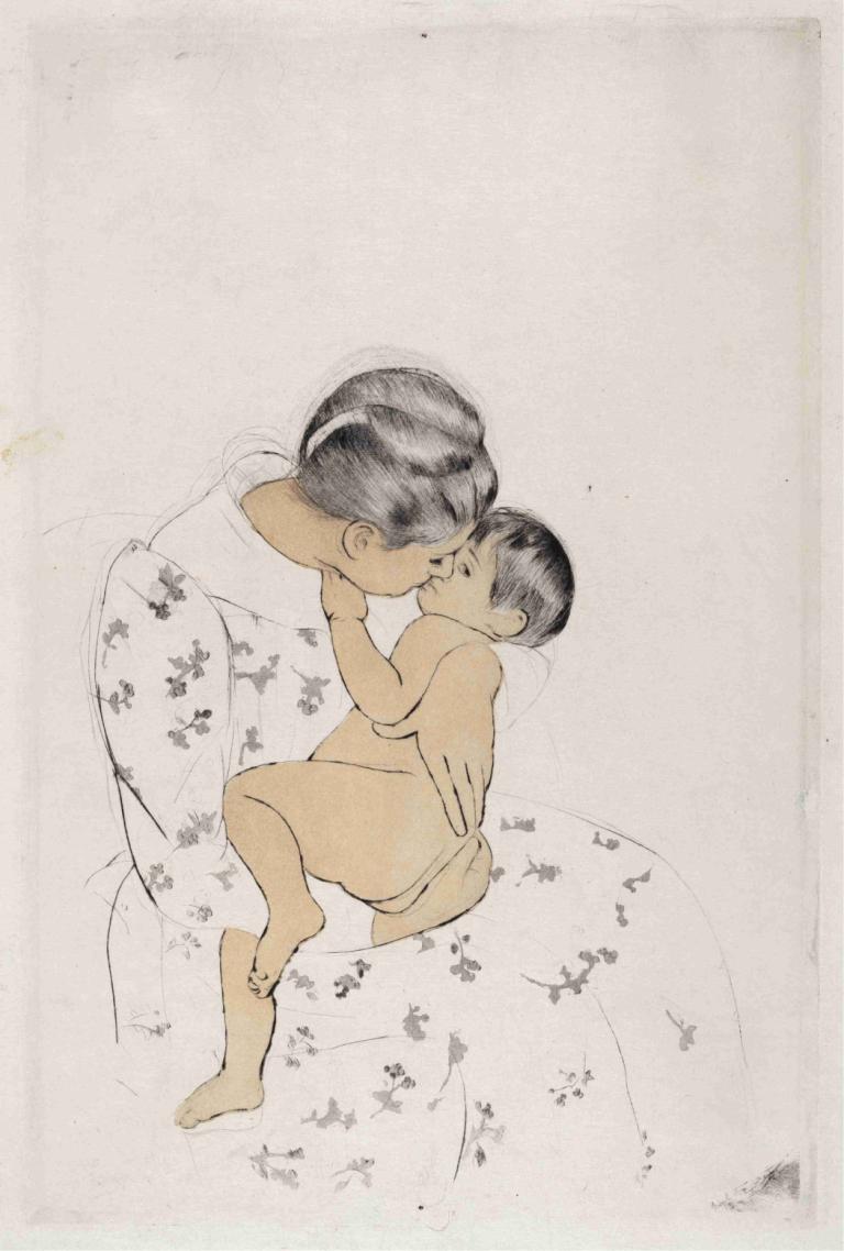 Mother's Kiss,母のキス,Mary Cassatt,メアリー・カサット,イラスト,イラスト, ヌード, 黒髪, キス, 裸足, 目を閉じた, ショートヘア, 男の子1名, 女の子2人, 従来のメディア