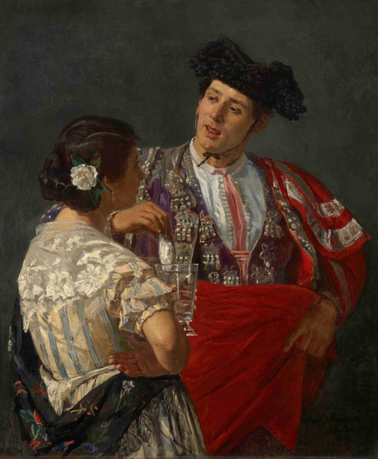 Offering The Panal To The Bullfighter,闘牛士にパナルを捧げる,Mary Cassatt,メアリー・カサット,油絵,油絵, 1女の子, 美術パロディ, 男の子1名, 髪飾り, 花