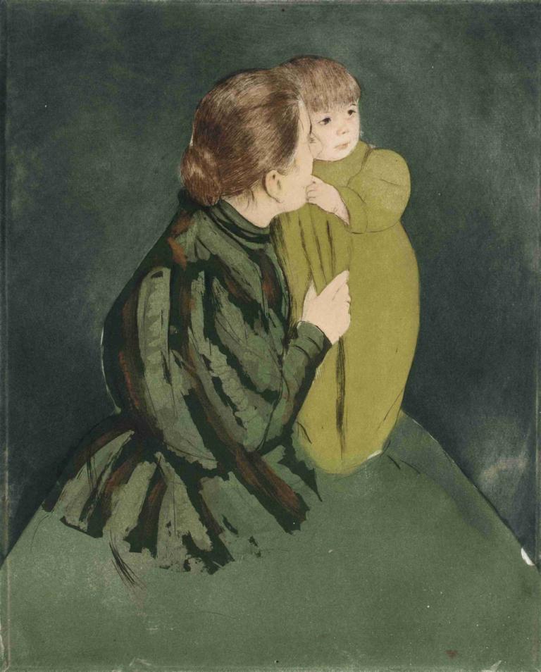 Peasant Mother and Child,農民の母子,Mary Cassatt,メアリー・カサット,油絵,油絵, 茶髪, ドレス, 女の子2人, 複数の女の子, 長袖, 緑のドレス, ショートヘア, 前髪