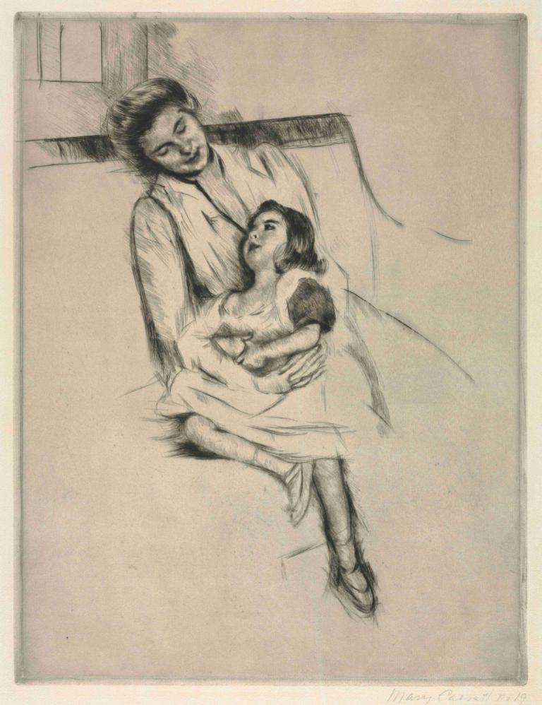 Reine and Margot Seated on a Sofa,소파에 앉은 라인과 마고,Mary Cassatt,메리 카사트,스케치,스케치, 아기, 단색화, 여자 1명, 스케치, 여자 2명