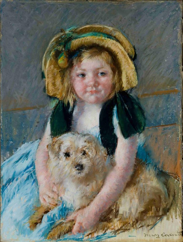 Sara avec son chien,반려견과 함께한 사라,Mary Cassatt,메리 카사트,오일 페인팅,오일 페인팅, 모자, 블론드 헤어, 전통 미디어, 여자 1명, 개, 현실적인, 독주