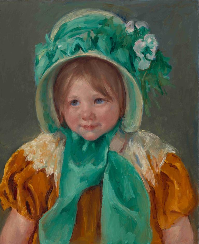 Sara in a Green Bonnet,녹색 보닛을 쓴 사라,Mary Cassatt,메리 카사트,오일 페인팅,오일 페인팅, 독주, 파란 눈, 여자 1명, 모자, 갈색 머리, 장갑, 현실적인