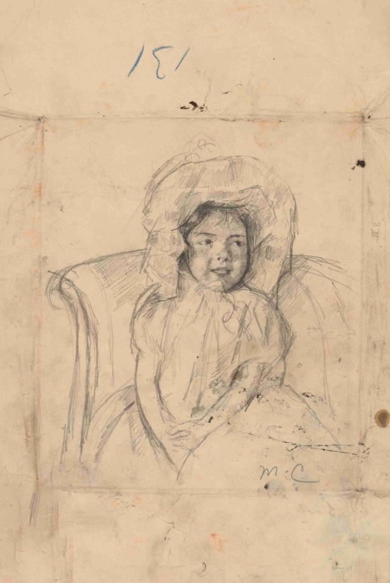 Smiling Margot Wearing a Ruffled Bonnet,프릴 보닛을 쓴 미소 짓는 마고,Mary Cassatt,메리 카사트,스케치,스케치, 독주, 1남, 남성 집중, 스케치