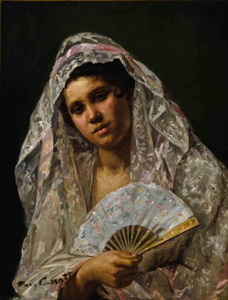 Spanish Dancer Wearing a Lace Mantilla,레이스 만틸라를 입은 스페인 댄서,Mary Cassatt,메리 카사트,오일 페인팅,오일 페인팅, 손 부채, 독주, 현실적인