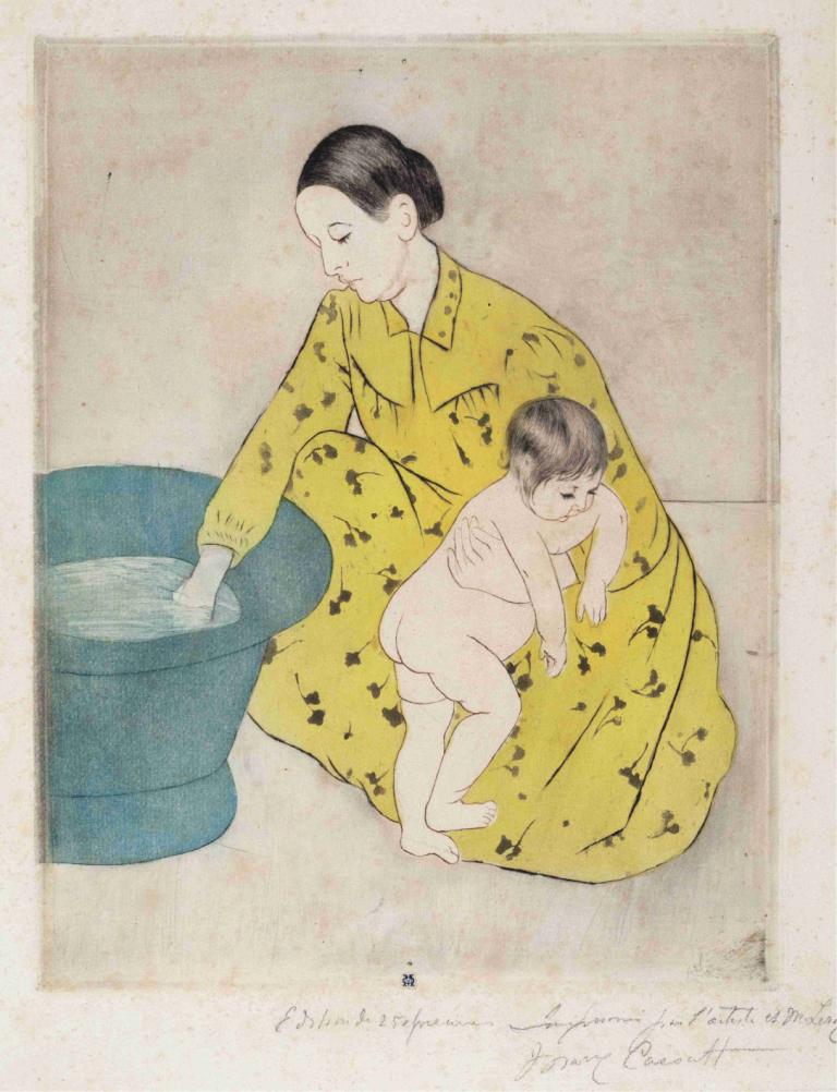 The Bath,お風呂,Mary Cassatt,メアリー・カサット,イラスト,イラスト, ショートヘア, 黄色のドレス, 長袖, ドレス, 黒髪, 1女の子, 美術パロディ, 男の子1名, ヌード, 目を閉じた