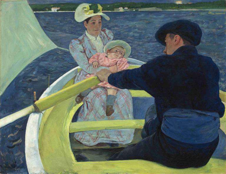 The Boating Party,ボート・パーティー,Mary Cassatt,メアリー・カサット,油絵,油絵, ボート, 水上バイク, 帽子, 男の子2人, 複数の男の子, 1女の子, ドレス, 座っている, 水