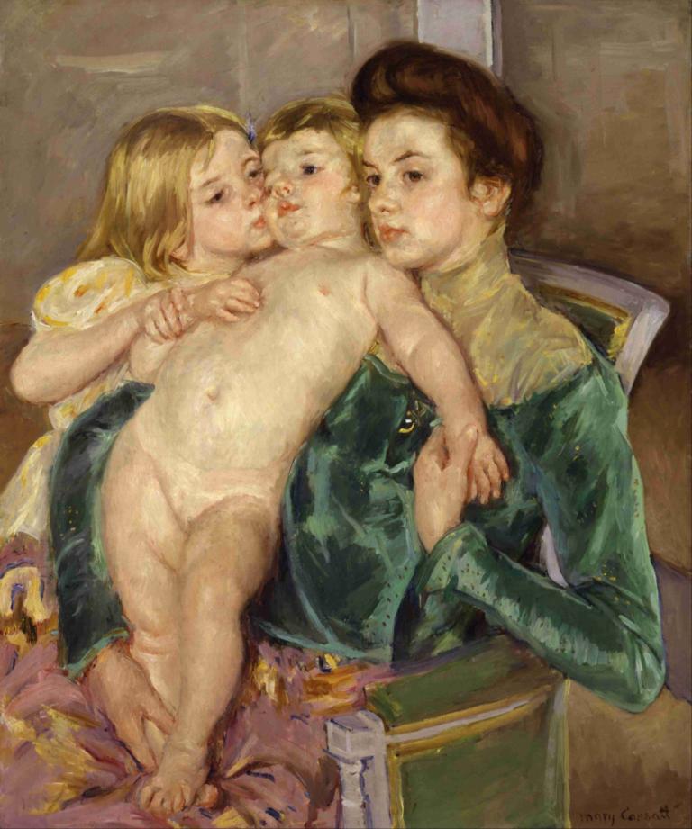 The Caress,愛撫,Mary Cassatt,メアリー・カサット,油絵,油絵, 美術パロディ, 複数の女の子, ヌード, ロリ, ブロンドの髪, 現実的な, 茶髪, 乳首, パロディー, 3人の女の子, 椅子